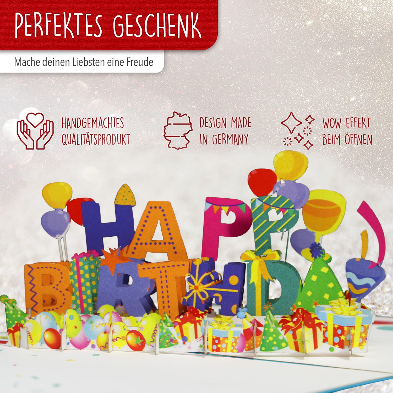 Pop Up Karte, 3D Karte, Happy Birthday, Luftballons-Konfetti, N130 - immagine 3