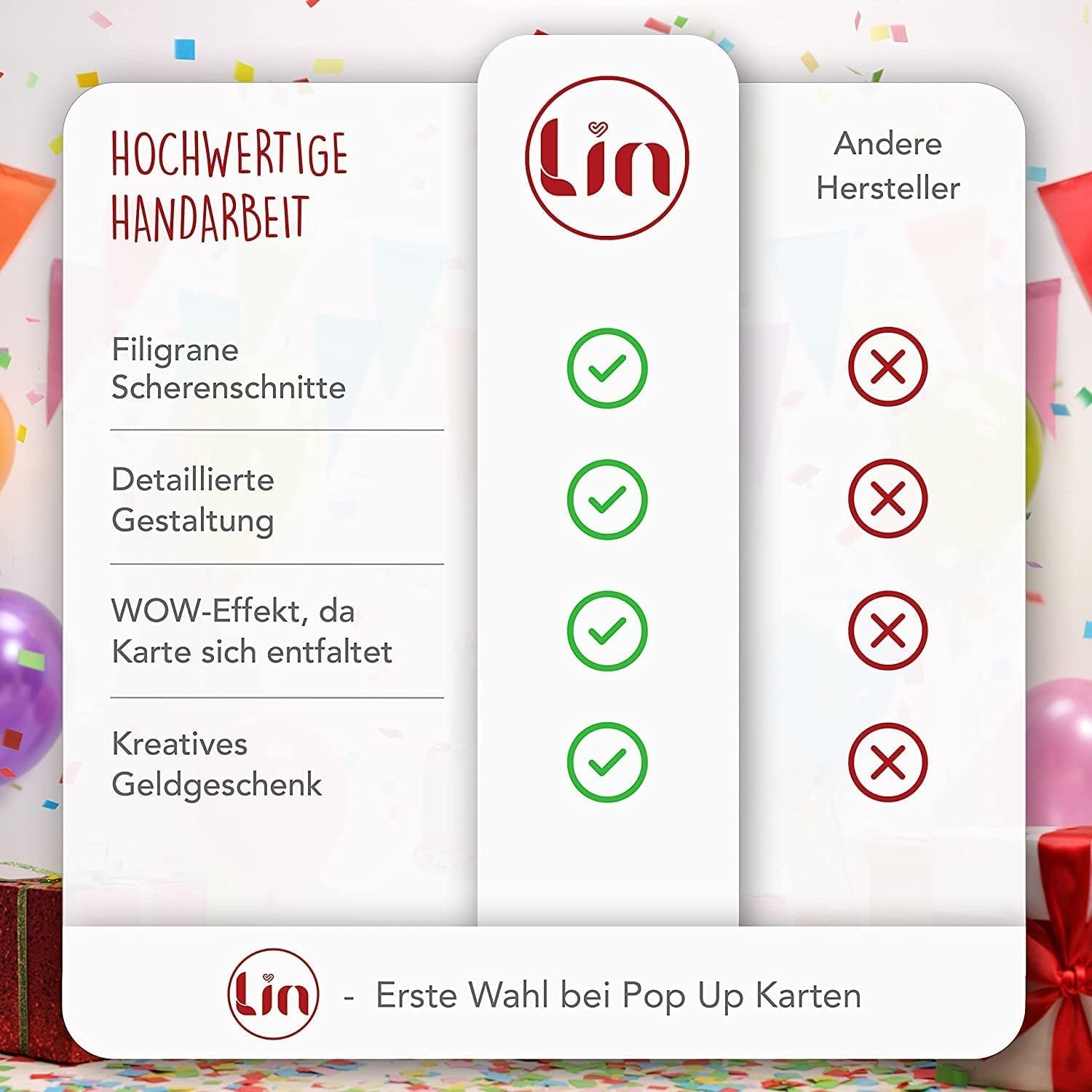 Pop Up Karte, 3D Karte, Happy Birthday, Luftballons-Konfetti, N130 - immagine 6