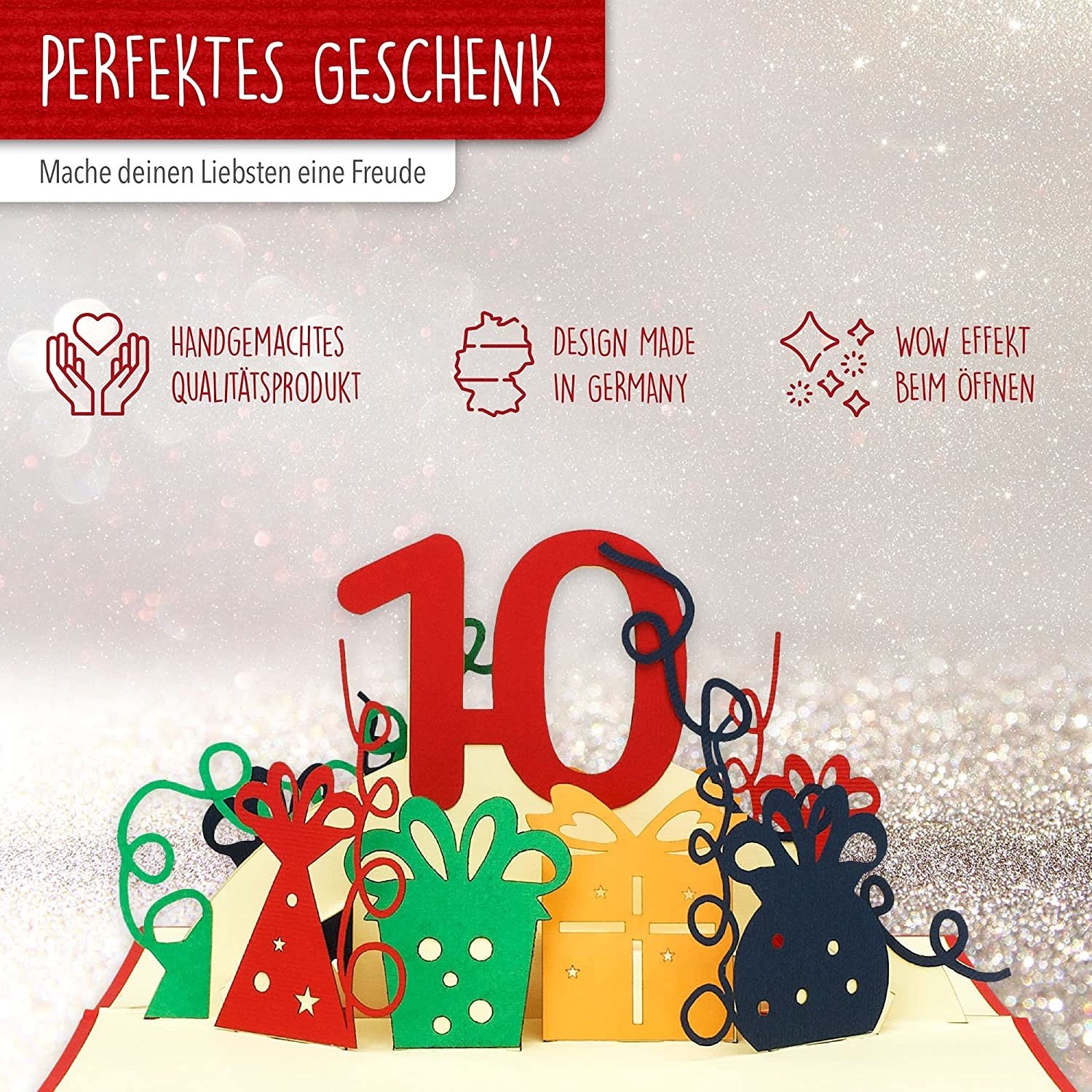 Pop Up Karte, 3D Karte, 10. Geburtstag, Jubiläum Zahl, rot, N364 - Imagen 6