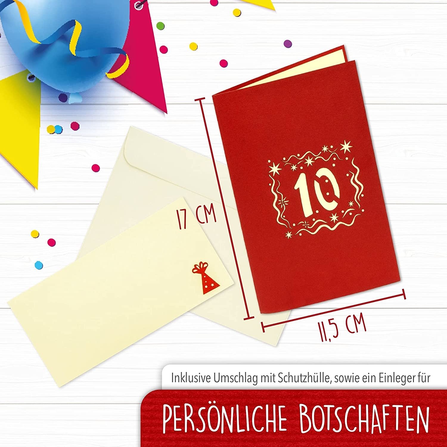 Pop Up Karte, 3D Karte, 10. Geburtstag, Jubiläum Zahl, rot, N364 - Imagen 2