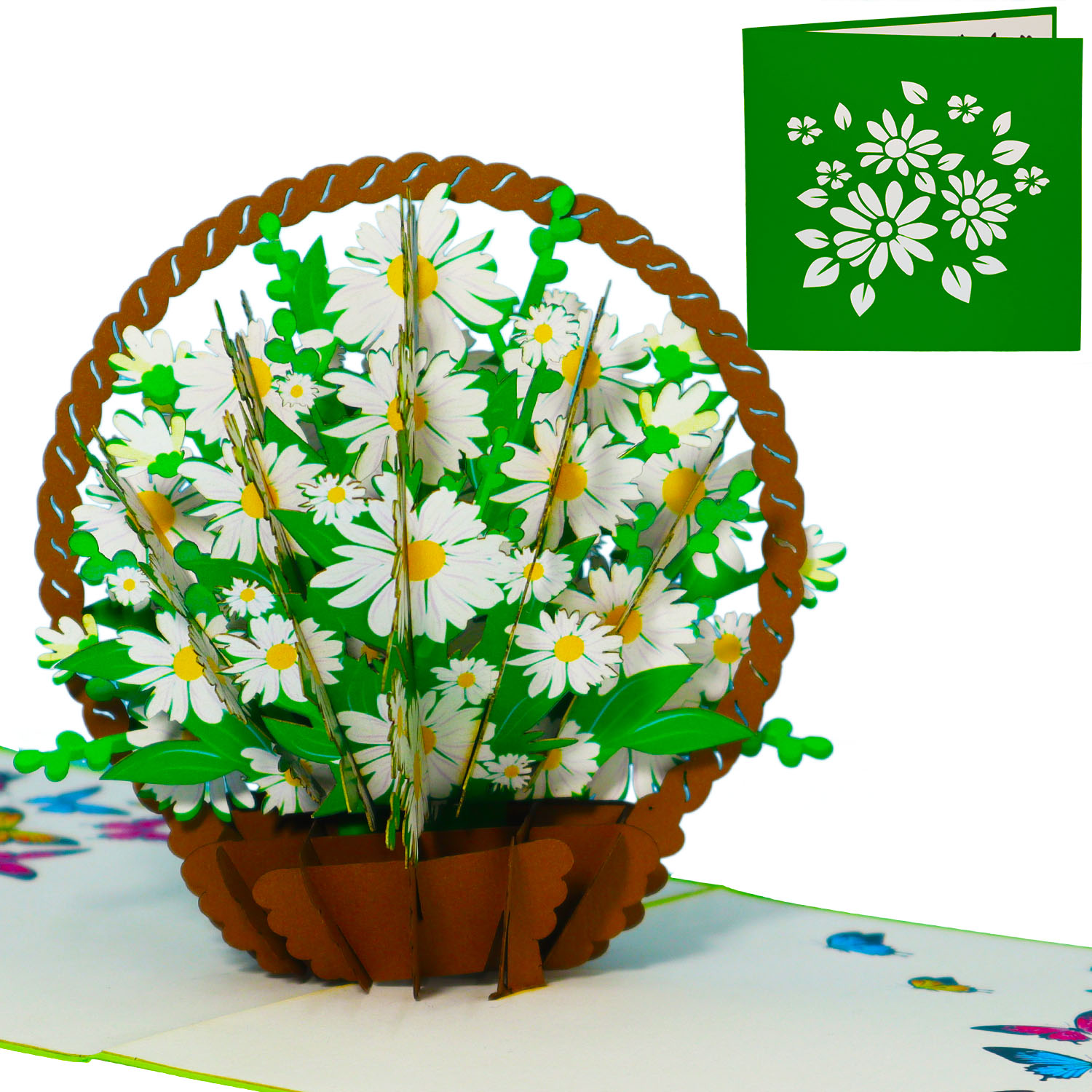 Pop Up Karte, 3D Karte, Blumenkorb, Margeriten, N504