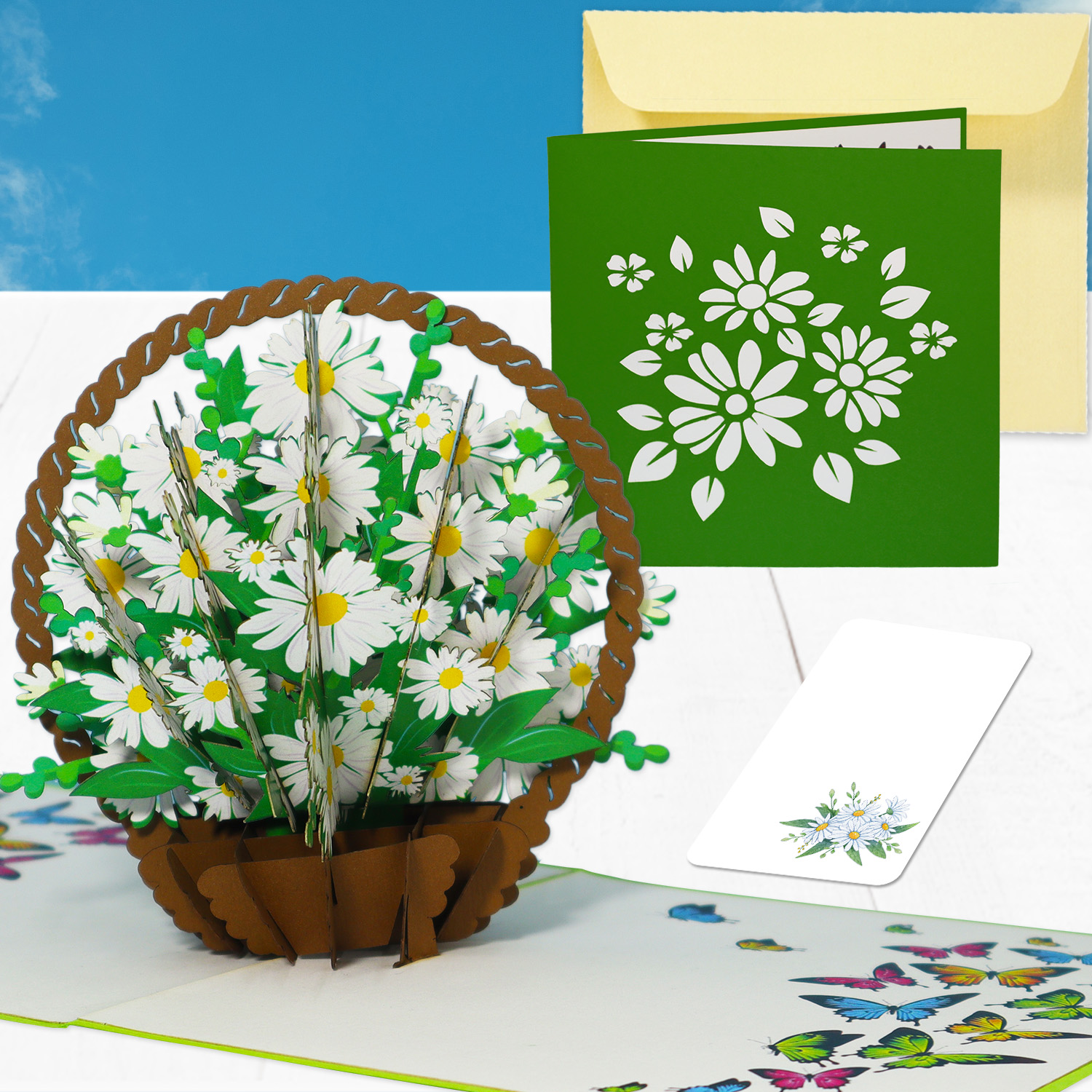 Pop Up Karte, 3D Karte, Blumenkorb, Margeriten, N504 - Imagen 2
