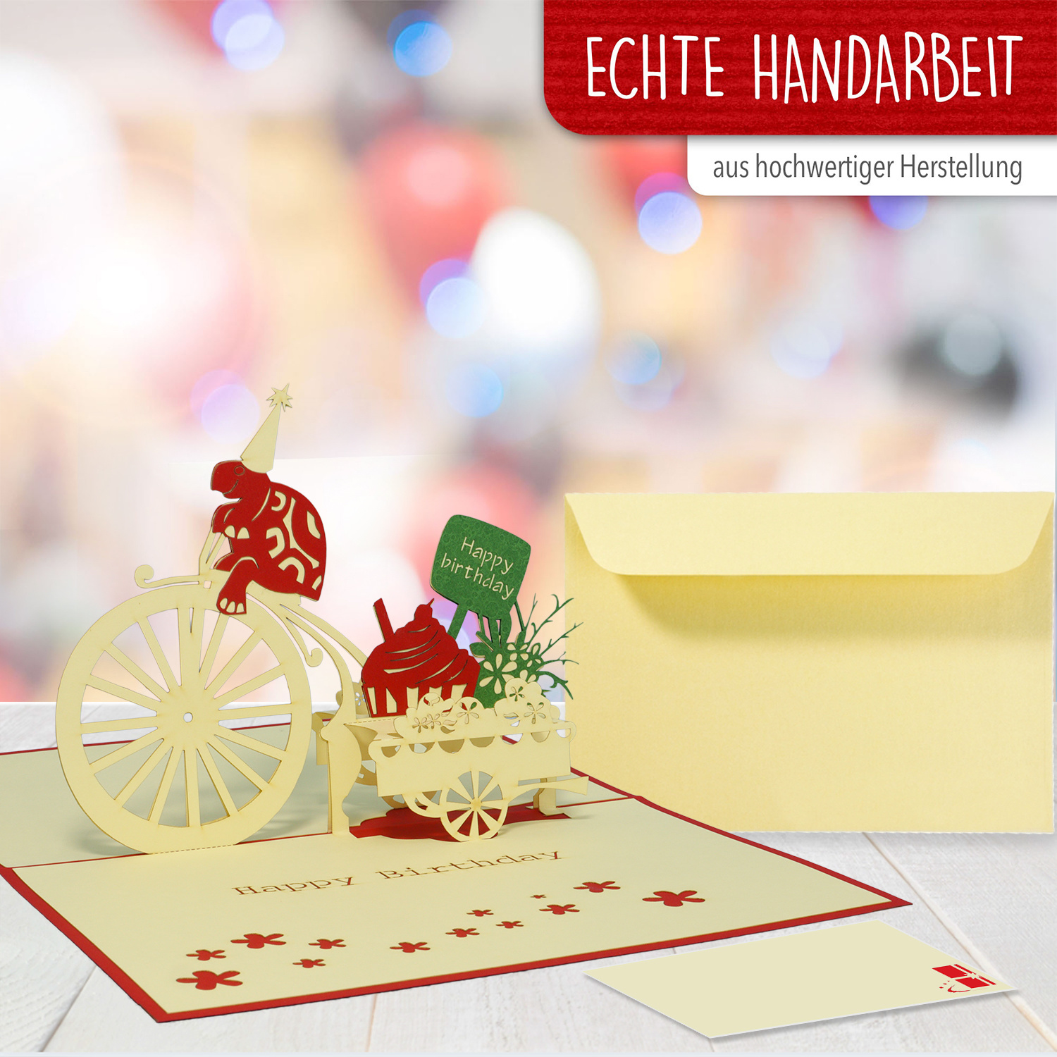 Pop Up Karte, 3D Karte, Fahrrad, Geburtstagstorte, Schildkröte, N9 - immagine 4