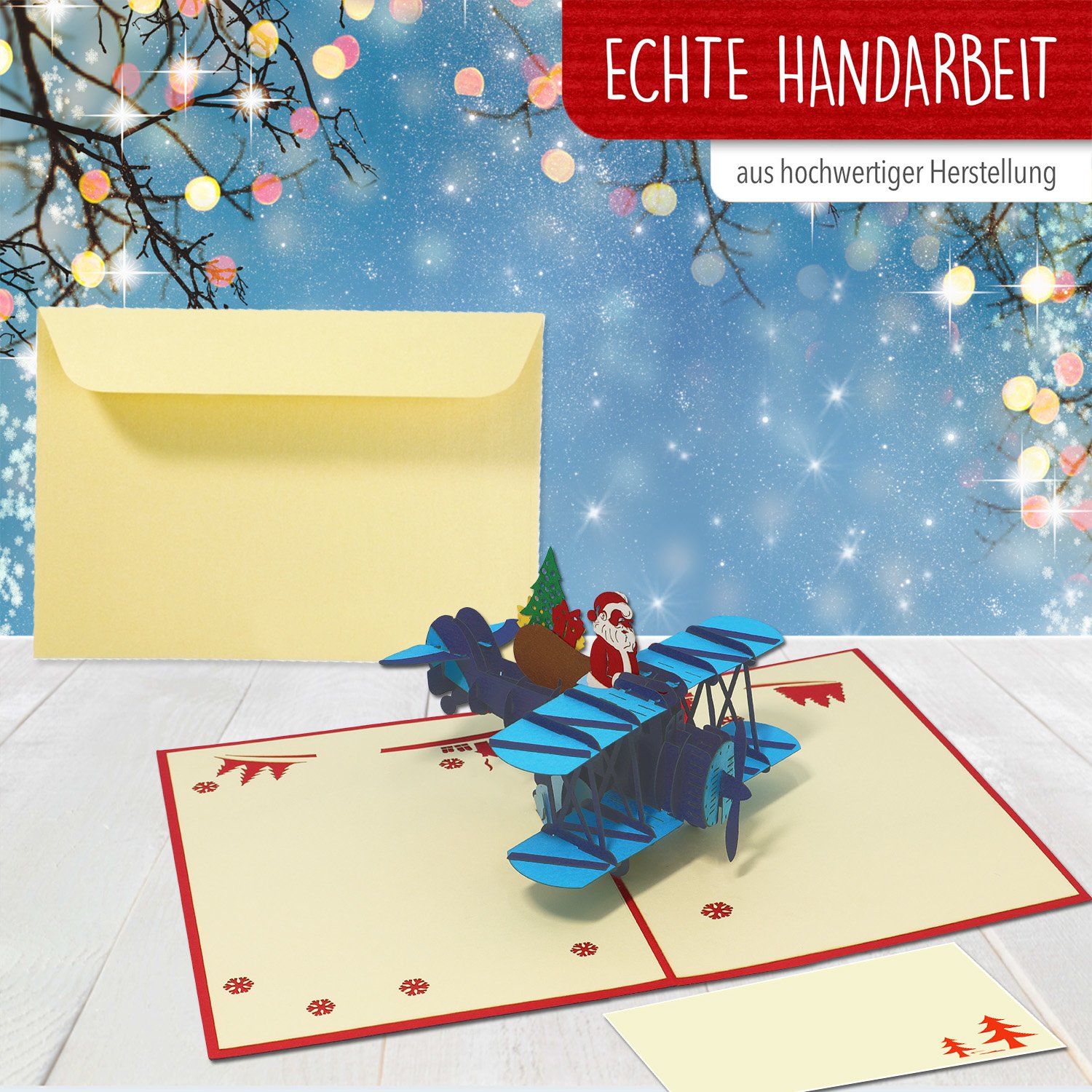 Pop Up Karte, 3D Karte, Weihnachtskarte, Weihnachtsmann im Flugzeug, N455 - immagine 5