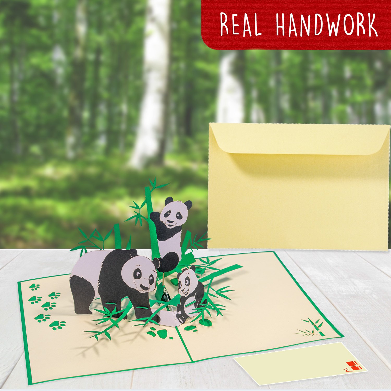 Pop Up Karte, 3D Karte, Drehender Pandabär, Panda Famillie - Imagen 4