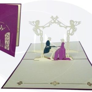 Pop Up Karte, 3D Karte, Hochzeitskarte, Brautpaar im Schlossgarten, lila