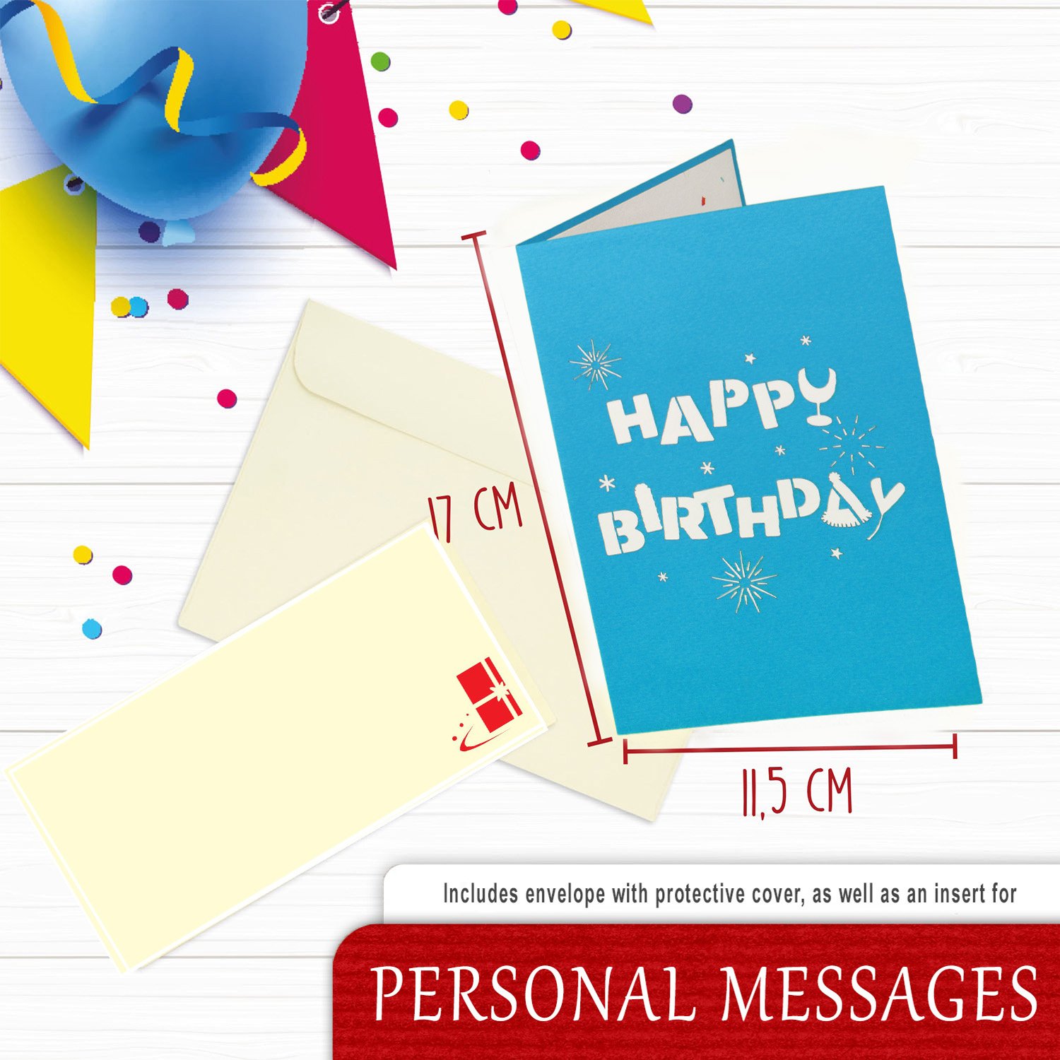 Pop Up Karte, 3D Karte, Happy Birthday, Luftballons-Konfetti, N130 - immagine 2