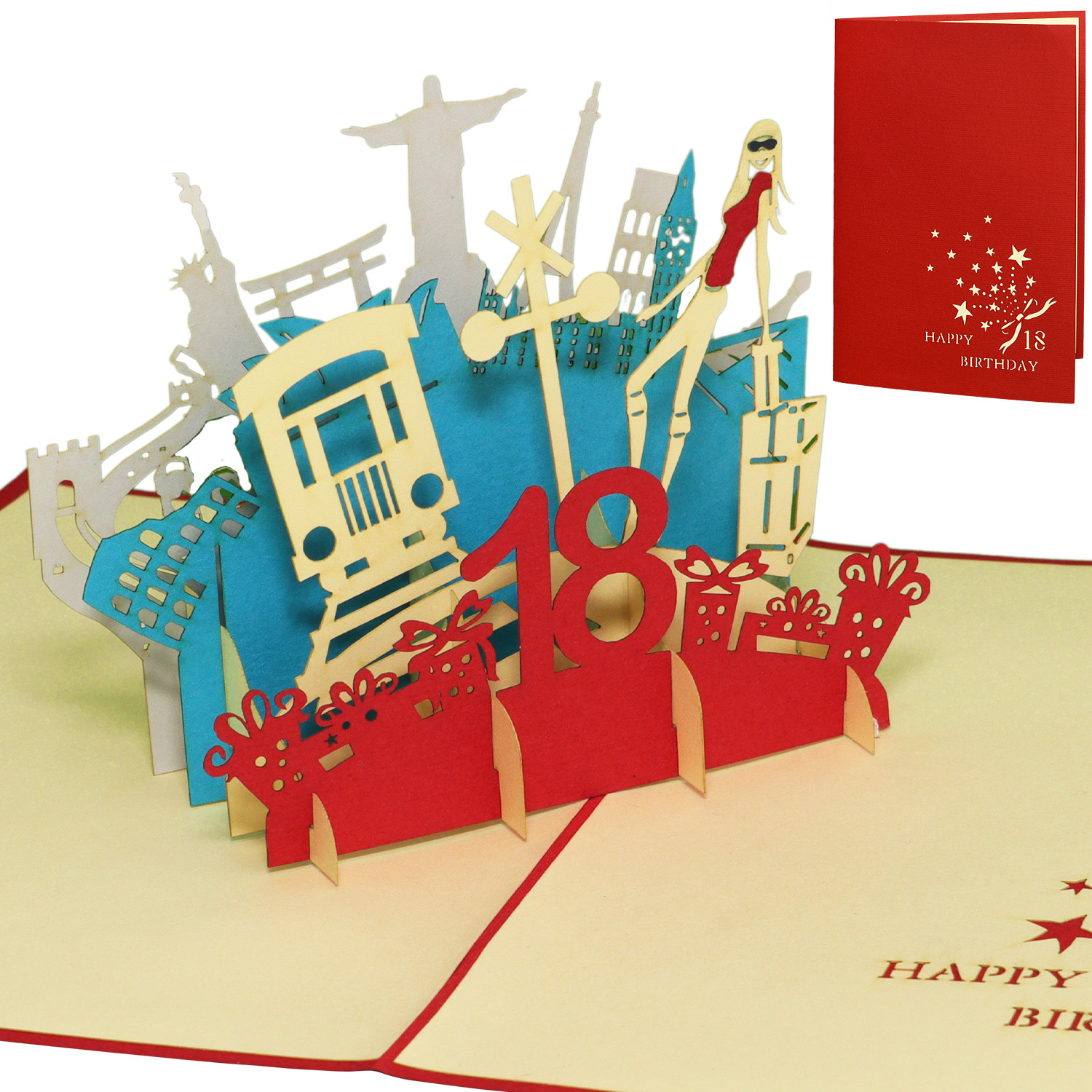 Pop Up Karte, 3D Karte, 18. Geburtstag rot, N17
