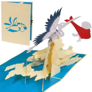 Pop Up Karte Geburt, 3D Karte, Klapperstorch mit Baby