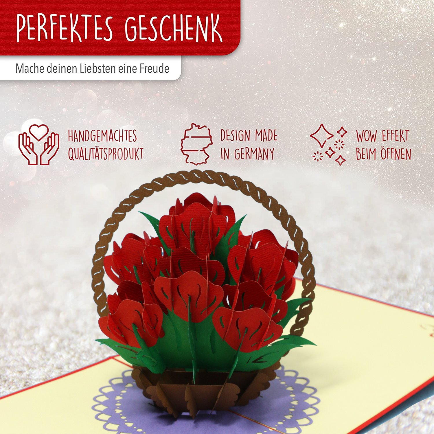 Pop Up Karte, 3D Karte, Rosen Blumenkorb, N720 - immagine 3