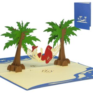 Pop Up Karte, 3D Karte, Gutschein, Urlaub, Hängematte, Frau, N43