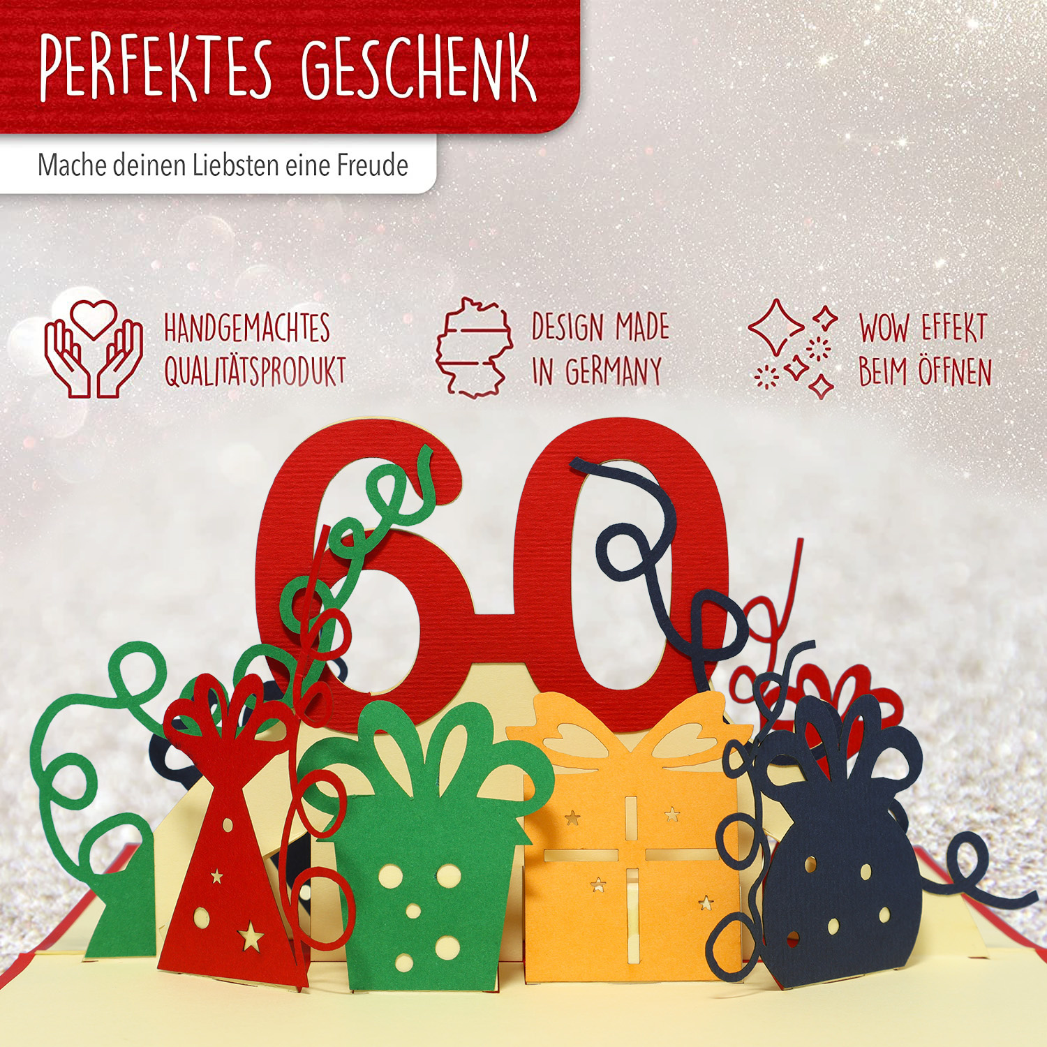Pop Up Karte, 3D Karte, 60 Geburtstag, Jubiläum Zahl, rot, N22 - Image 3