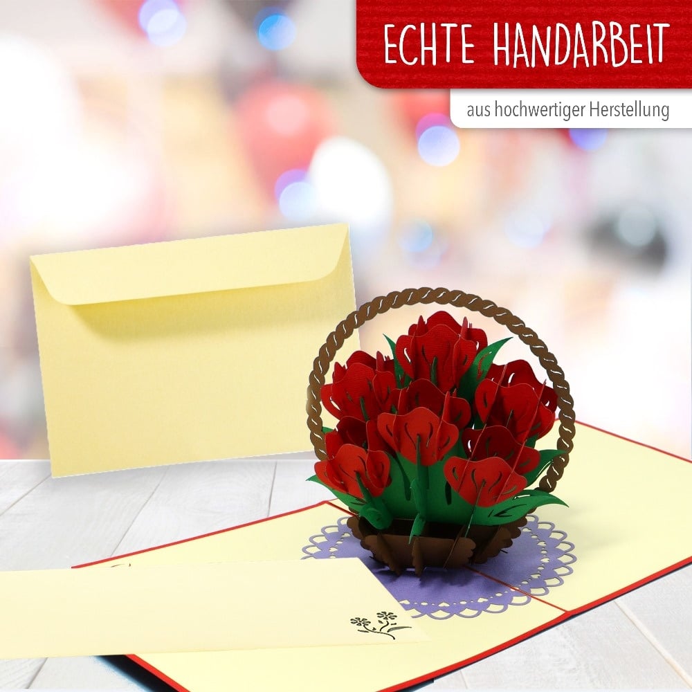 Pop Up Karte, 3D Karte, Rosen Blumenkorb, N720 - immagine 4