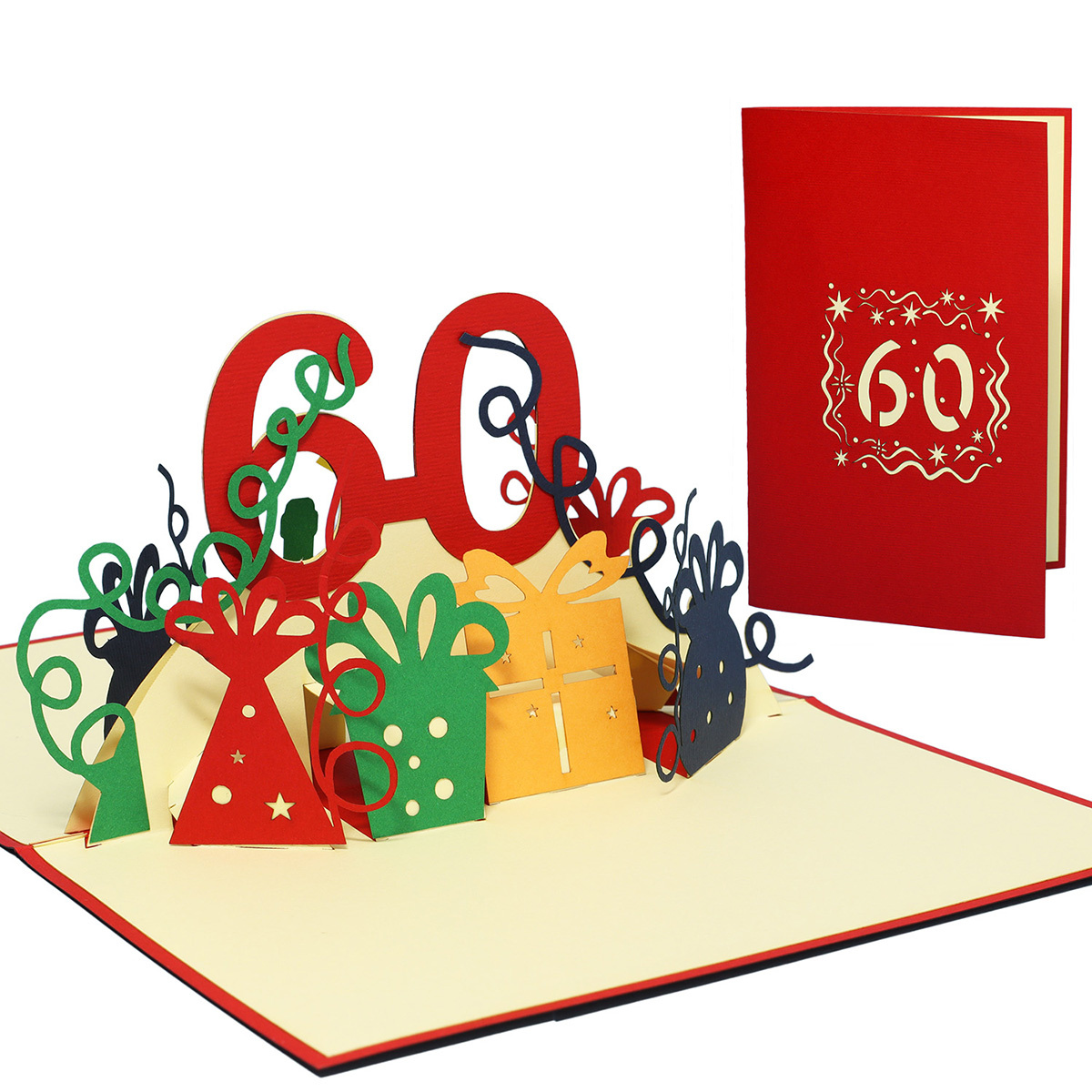 Pop Up Karte, 3D Karte, 60 Geburtstag, Jubiläum Zahl, rot, N22