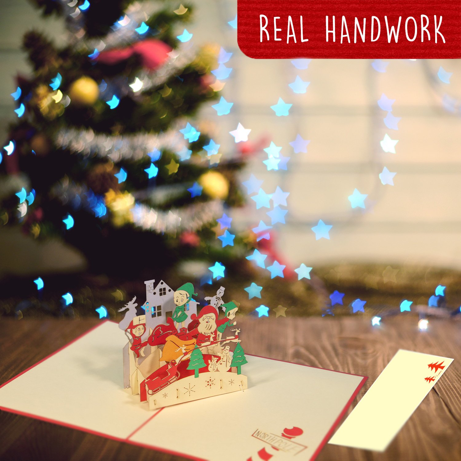 Pop Up Karte, 3D Karte, Weihnachtskarte, Weihnachtsmann mit Geschenke, Nordpol, N441 - immagine 4