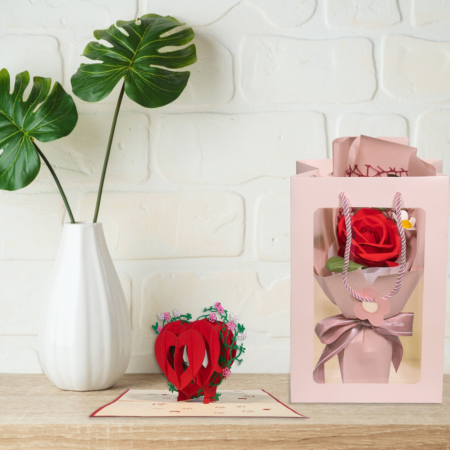 Valentinstag Geschenk, LINPopUp Karte und Rose mit Tüte, 3D Herz - immagine 3