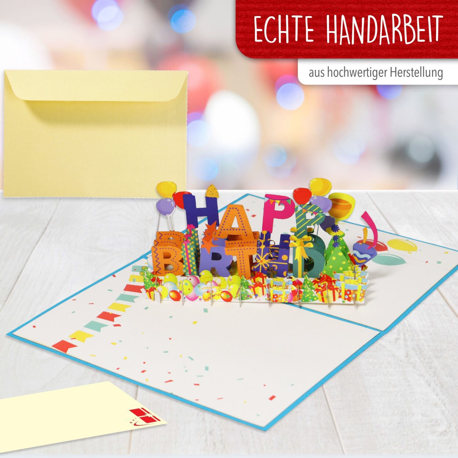 Pop Up Karte, 3D Karte, Happy Birthday, Luftballons-Konfetti, N130 - immagine 4