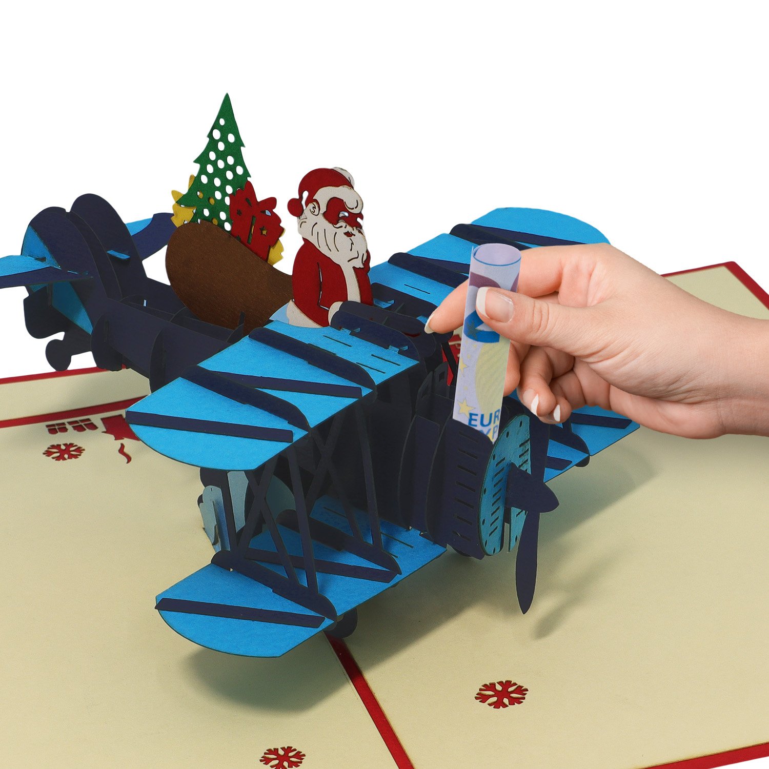 Pop Up Karte, 3D Karte, Weihnachtskarte, Weihnachtsmann im Flugzeug, N455 - immagine 2