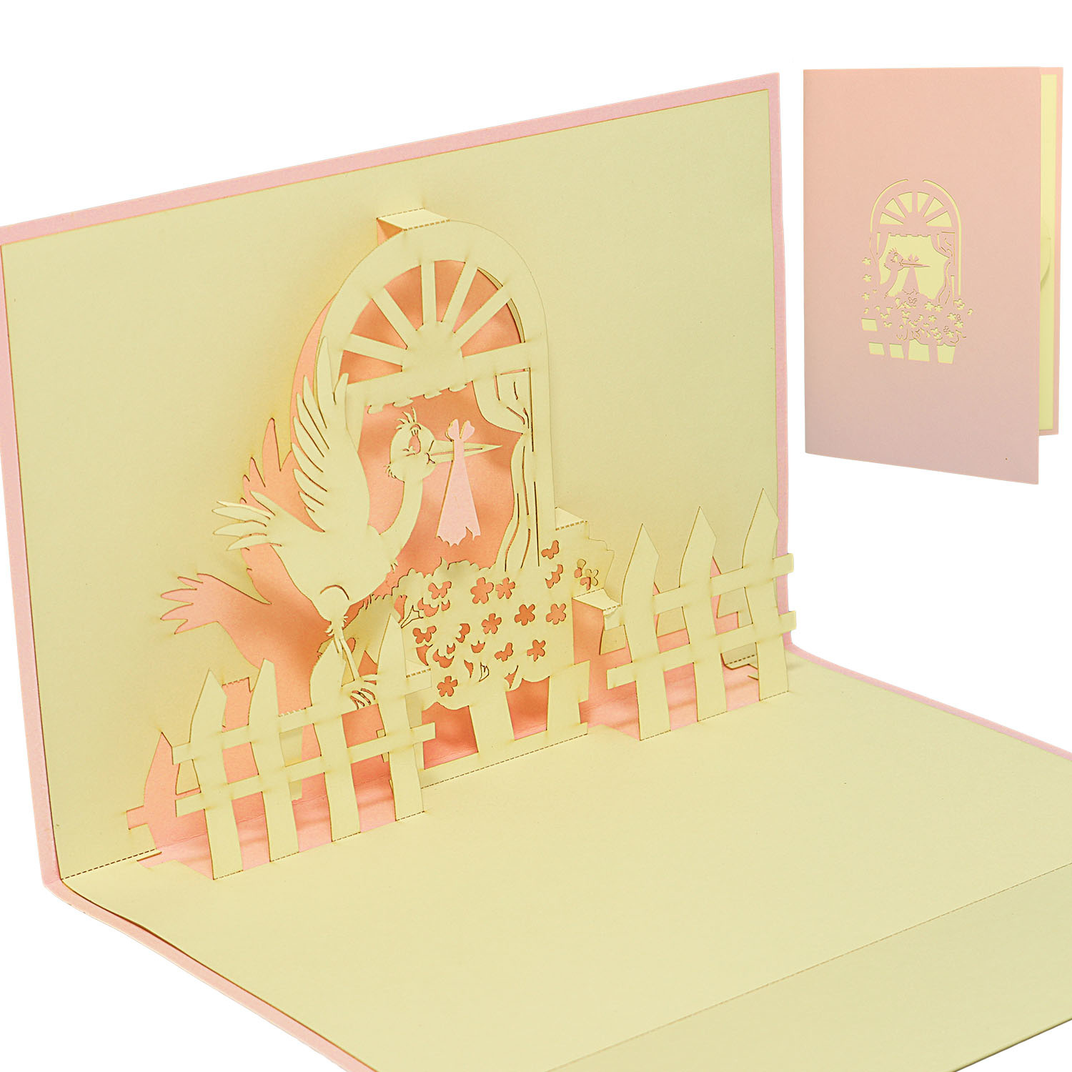 Pop Up Karte, 3D Karte, Storch, pink, N100