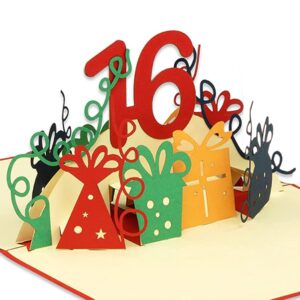 Pop Up Karte, 3D Karte, 16. Geburtstag, Jubiläum Zahl, rot, N365