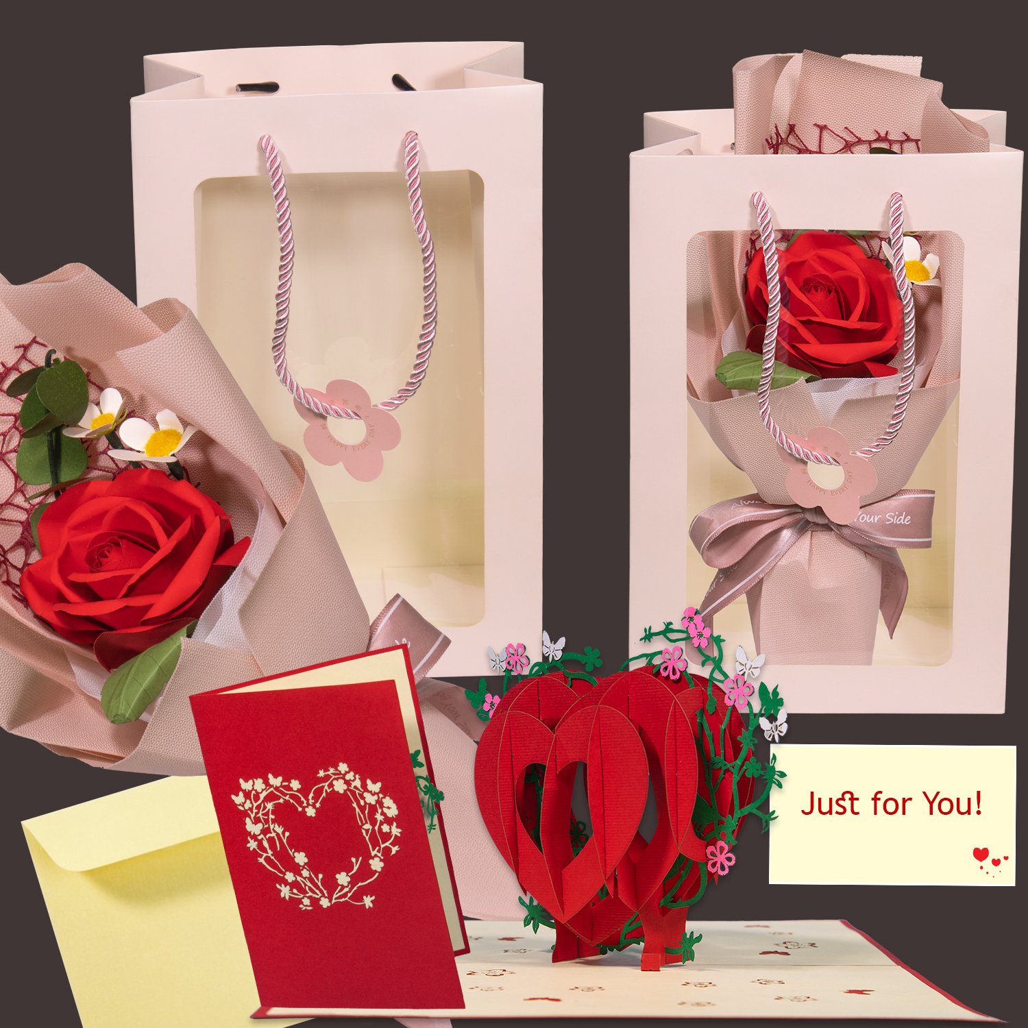 Valentinstag Geschenk, LINPopUp Karte und Rose mit Tüte, 3D Herz