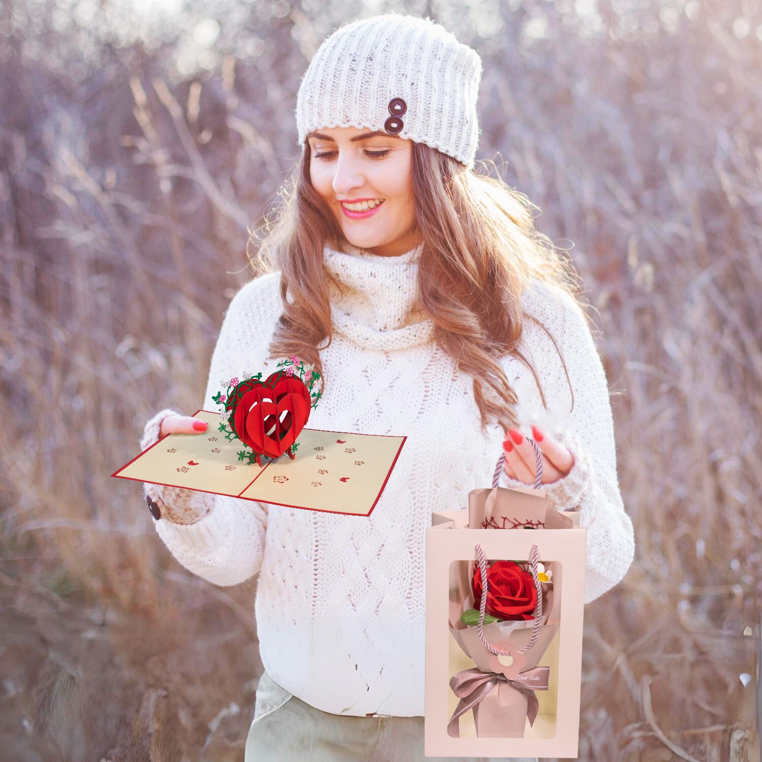 Valentinstag Geschenk, LINPopUp Karte und Rose mit Tüte, 3D Herz - immagine 2