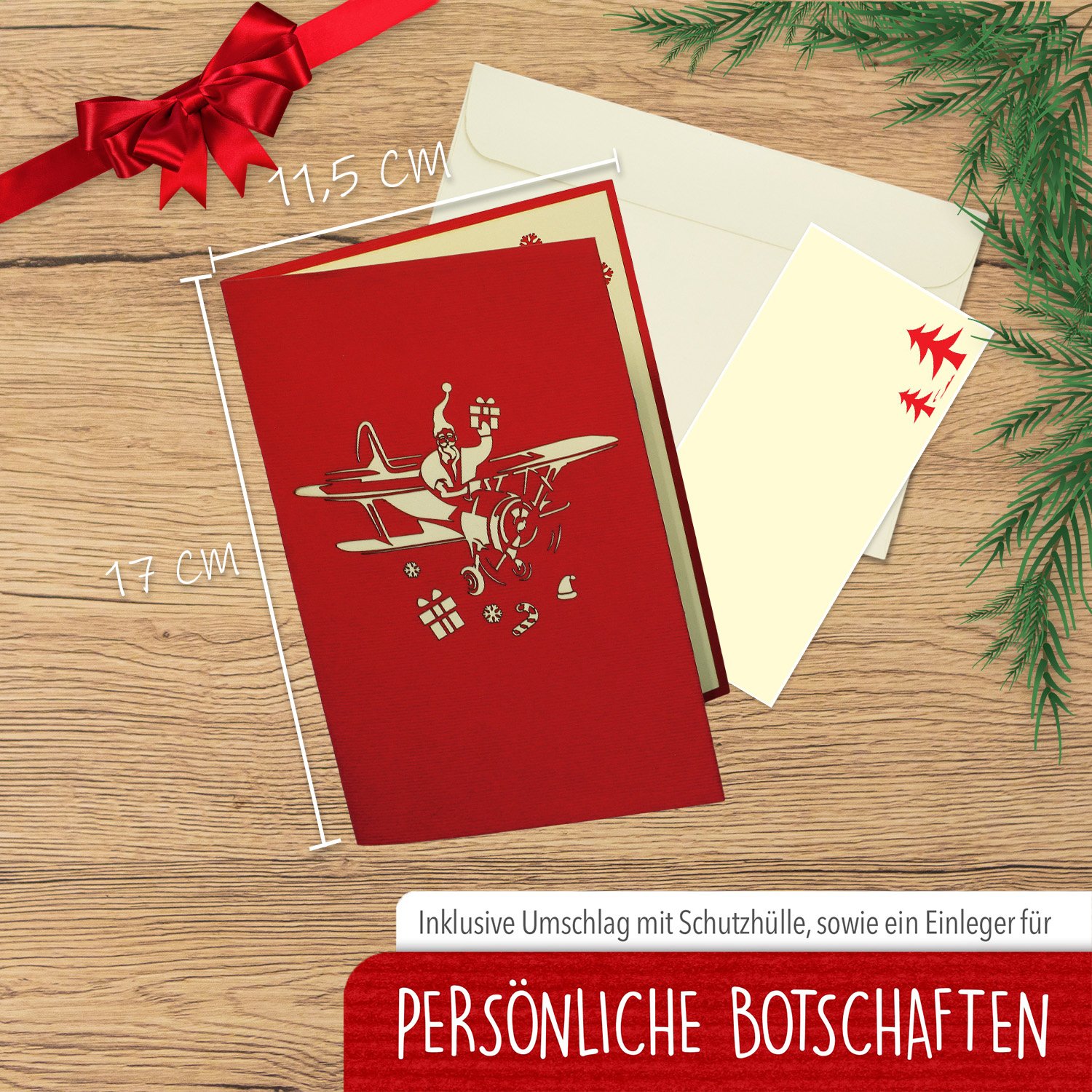 Pop Up Karte, 3D Karte, Weihnachtskarte, Weihnachtsmann im Flugzeug, N455 - immagine 3