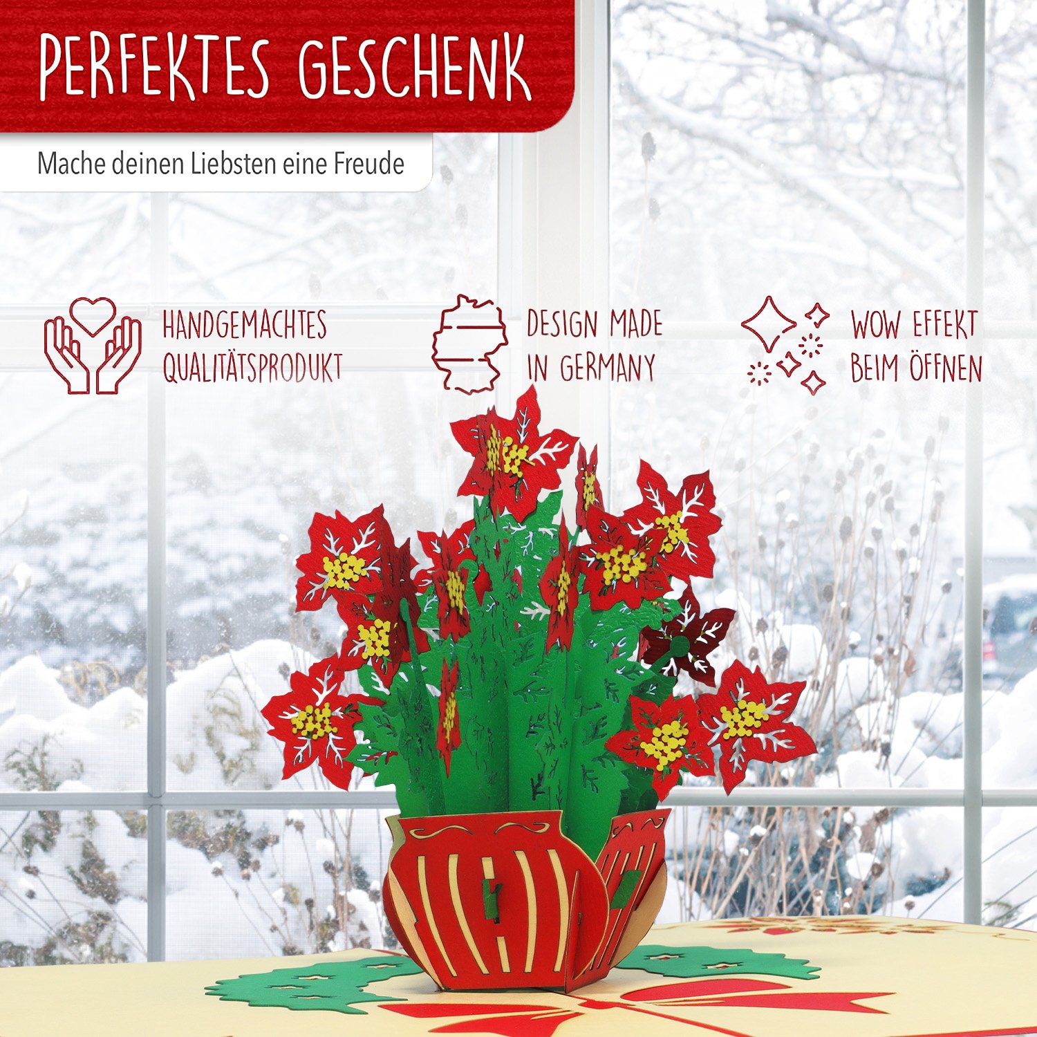 Pop Up Karte, 3D Karte, Weihnachtsblumen, Weihnachtssterne, N456 – Bild 3