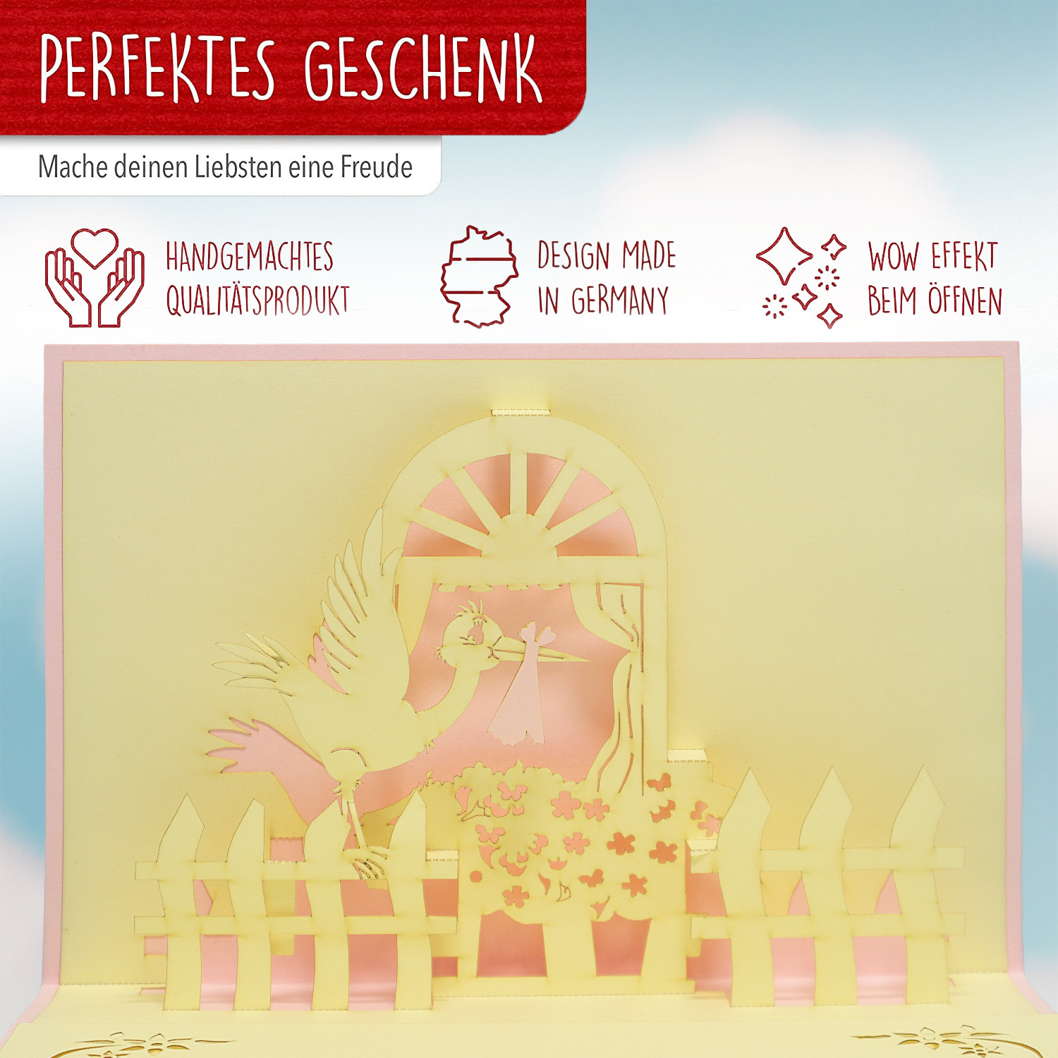 Pop Up Karte, 3D Karte, Storch, pink, N100 - Imagen 3
