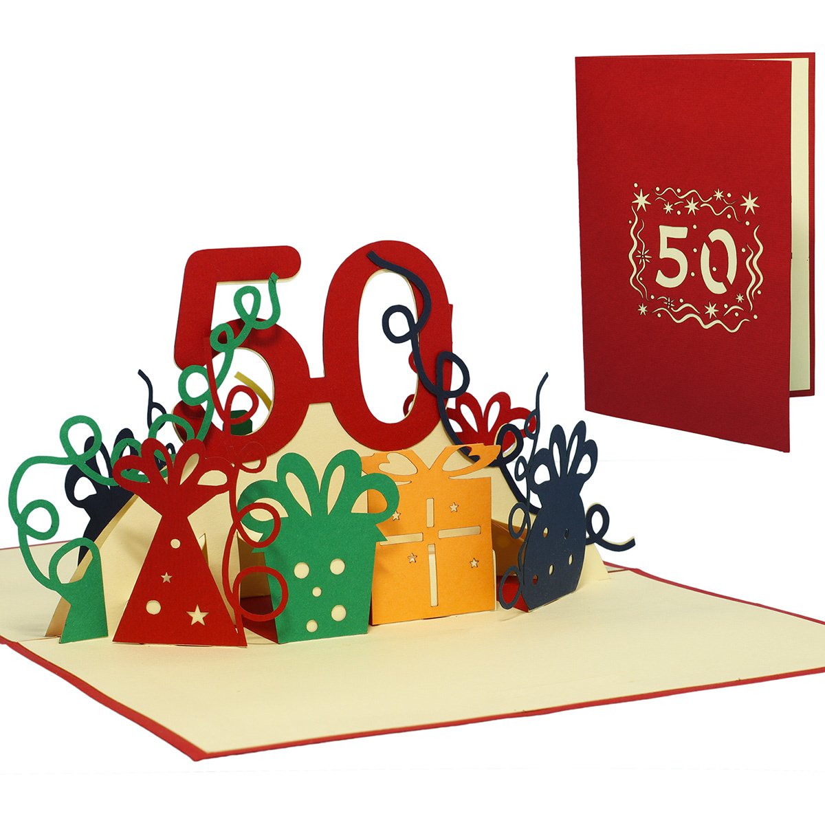 Pop Up Karte, 3D Karte, 50. Geburtstag, Jubiläum Zahl, rot, N20