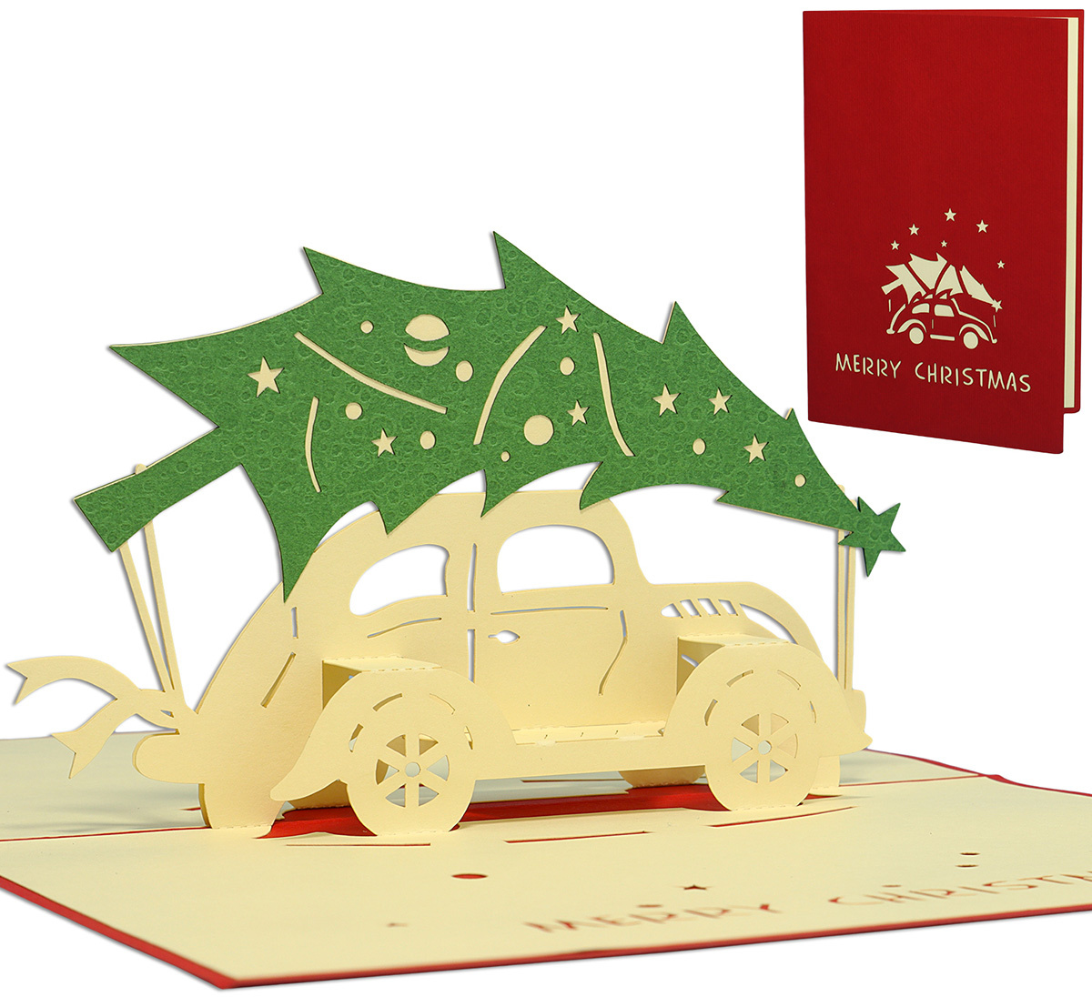 Pop Up Karte, 3D Karte, Weihnachtskarte, Auto Tannenbaum, N413