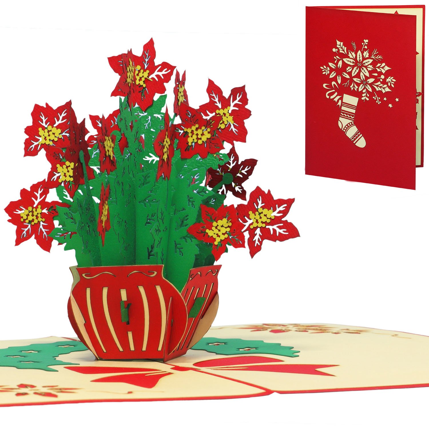 Pop Up Karte, 3D Karte, Weihnachtsblumen, Weihnachtssterne, N456
