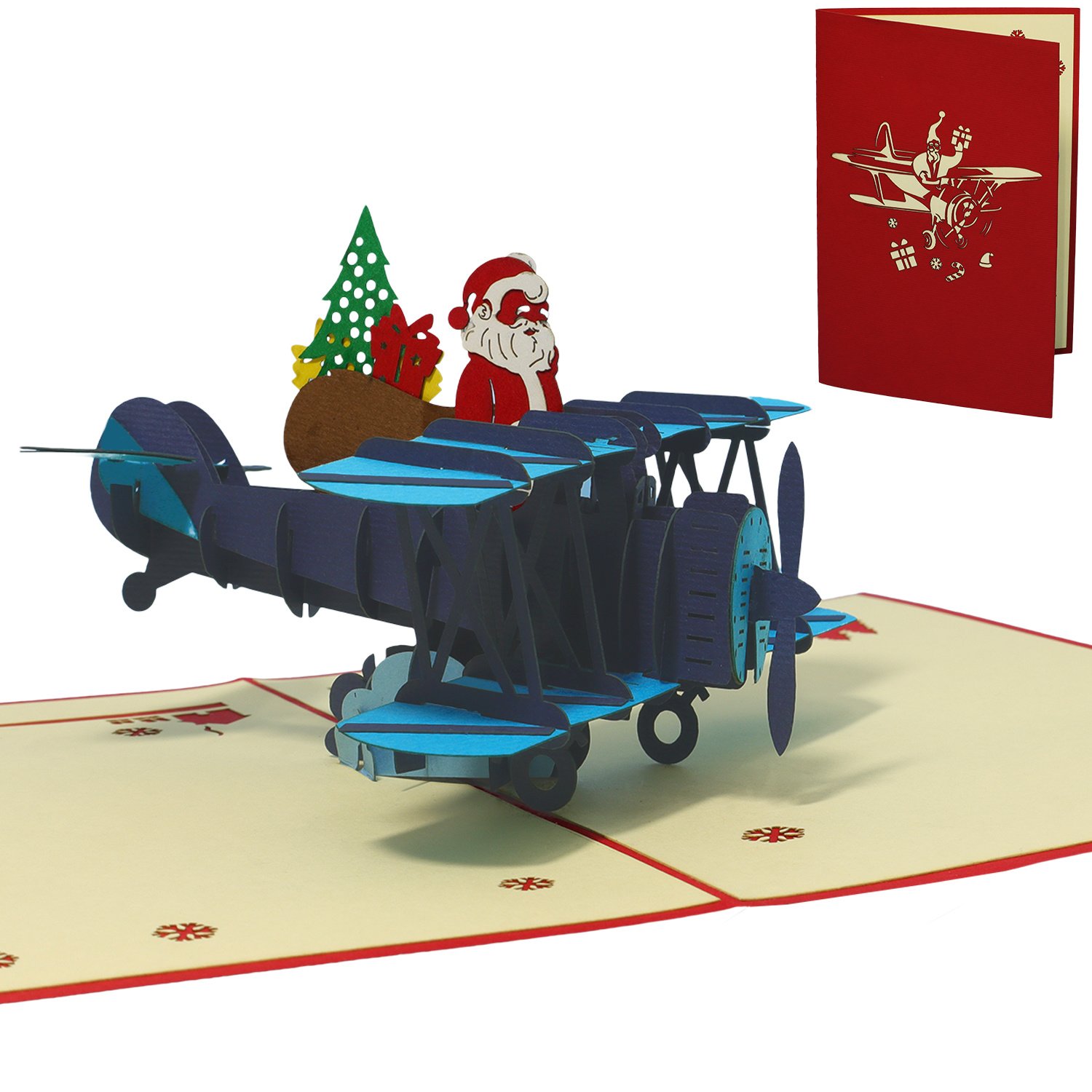 Pop Up Karte, 3D Karte, Weihnachtskarte, Weihnachtsmann im Flugzeug, N455