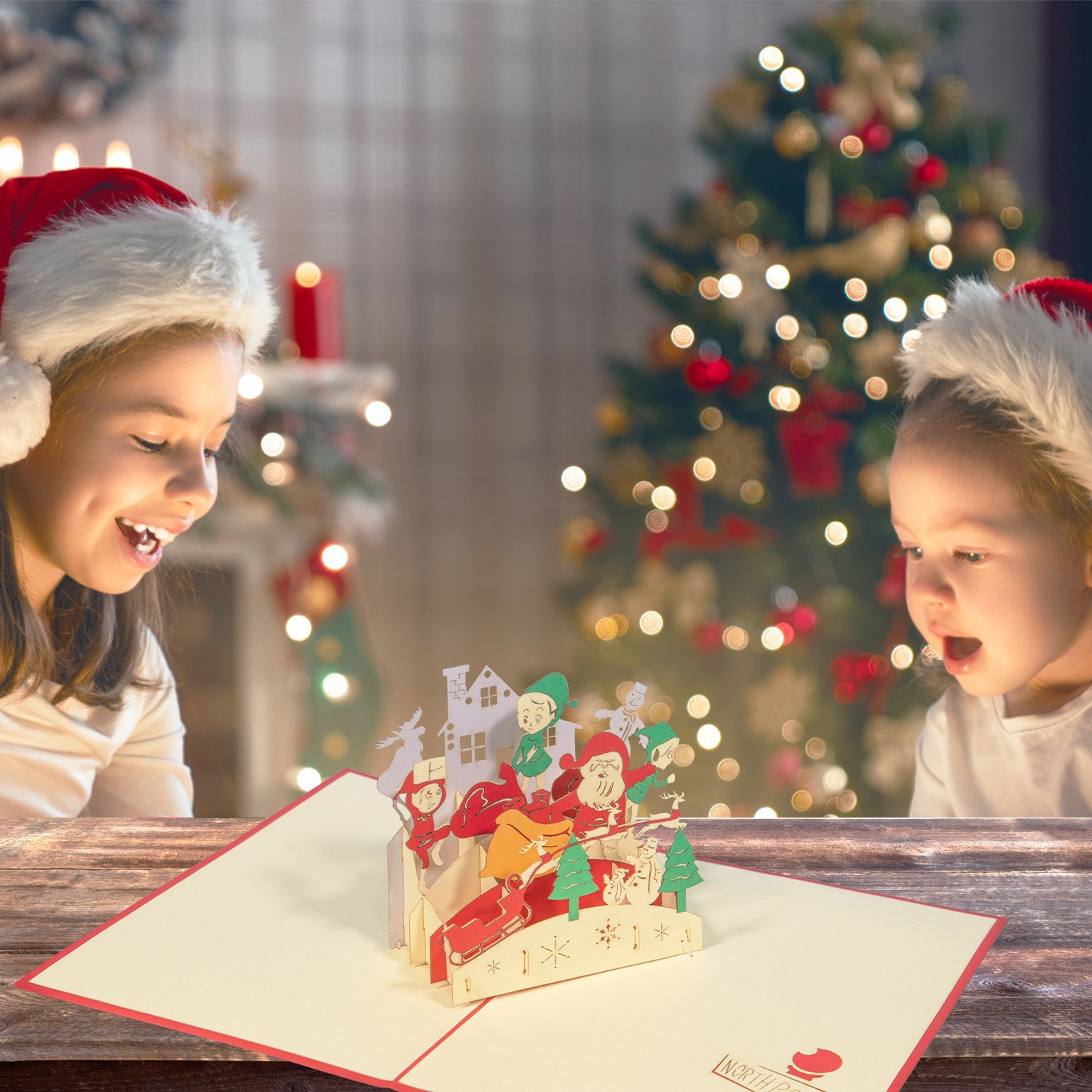 Pop Up Karte, 3D Karte, Weihnachtskarte, Weihnachtsmann mit Geschenke, Nordpol, N441 - immagine 5